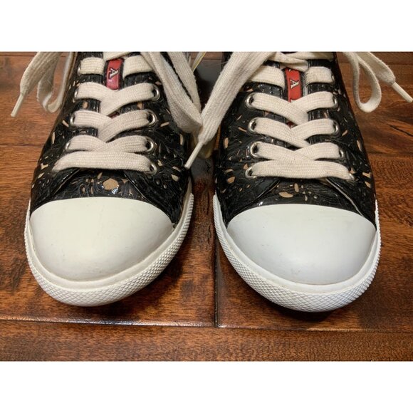 PRADA Black Floral Laser Cut Patent Leather Sneakers, Size 7 | 37 - Picture 3 of 11
